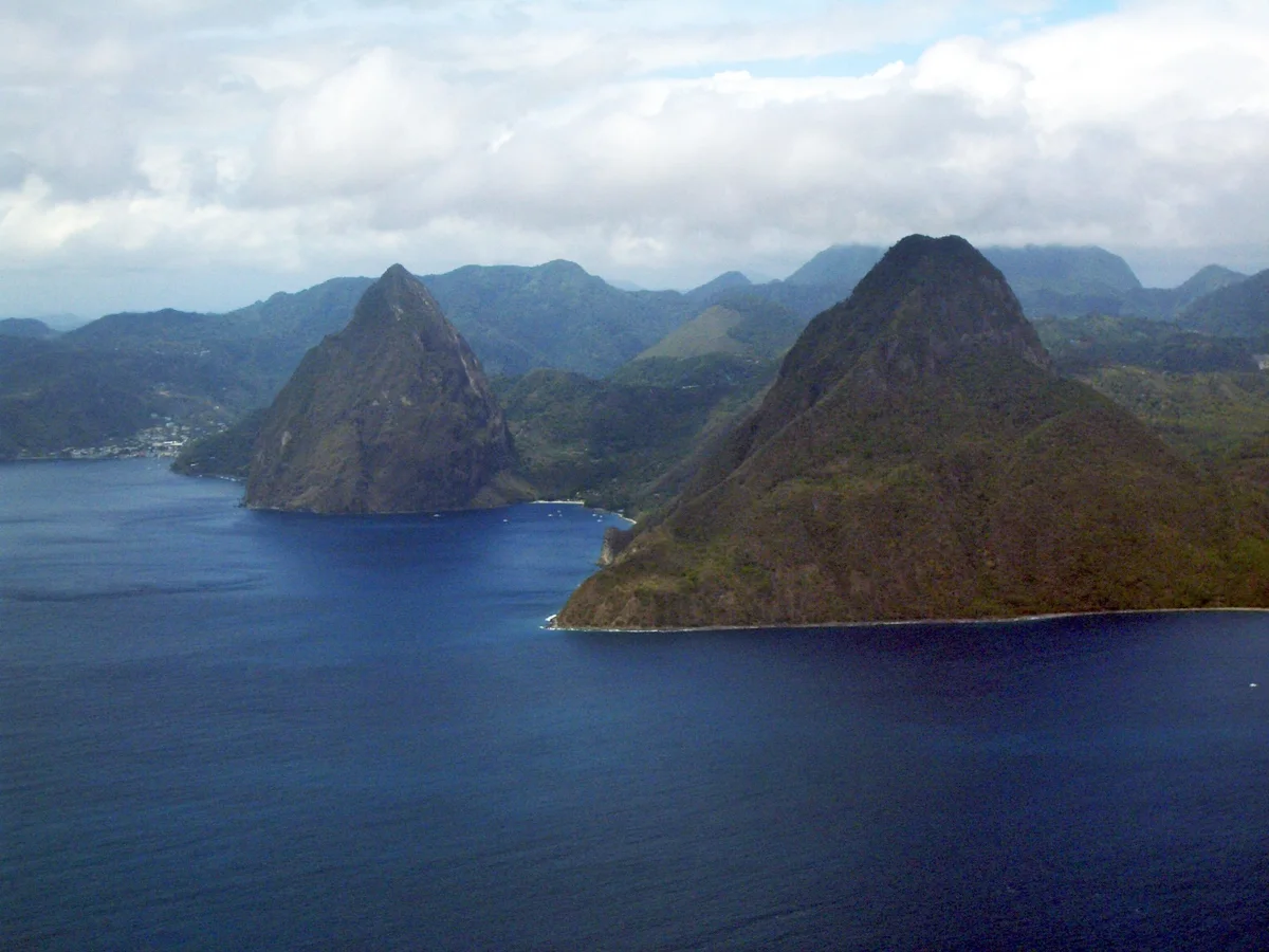 Gros Piton and Petit Piton rising above the sea in Saint Lucia